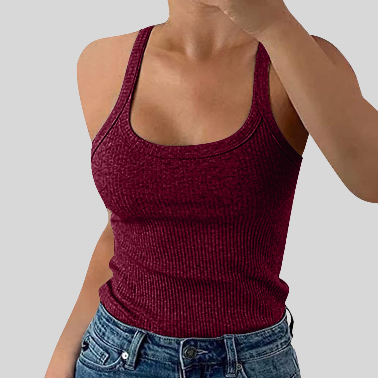 thumbnail image 2 of Camiseta sin mangas de cuello redondo y tirantes finos para mujer - Camiseta ajustada de algodón, camiseta informal sin mangas para combinar en primavera/verano, 2 of 5